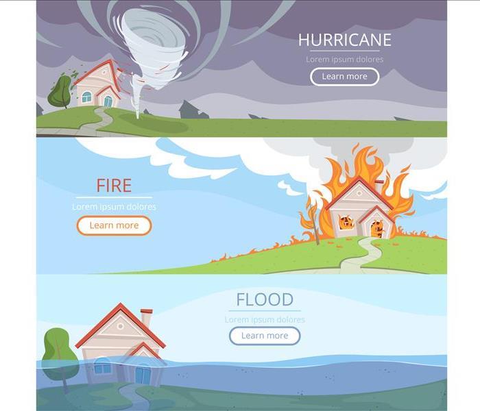 Cartoon images of houses affected by hurricanes, floods, and fires 